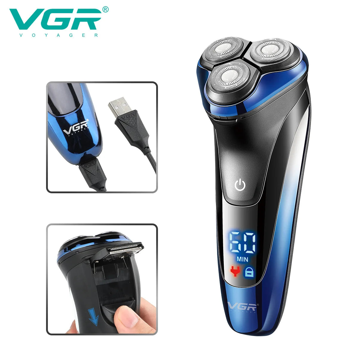 VGR Wet & Dry Electric Shaver | Rotary Beard Razor with LCD Display